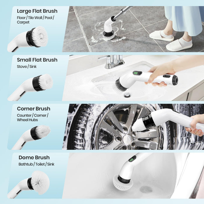 Electric Spin Scrubber, 2024 New Full-Body IPX7 Waterproof Cordless Bathroom Scrubber with 8 Replaceable Heads, Upgraded Extension Handle, Shower Cleaning Brush for Bathtub, Tile, Floor