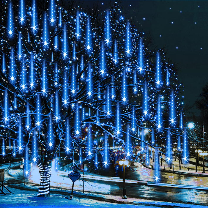 Adecorty Outdoor Christmas Lights Meteor Shower Lights UL Certified 8 Tubes 192 LED Snow Falling Rain Drop Lights Dripping Icicle String Lights for Christmas Tree Decorations Xmas Wedding Party, Blue