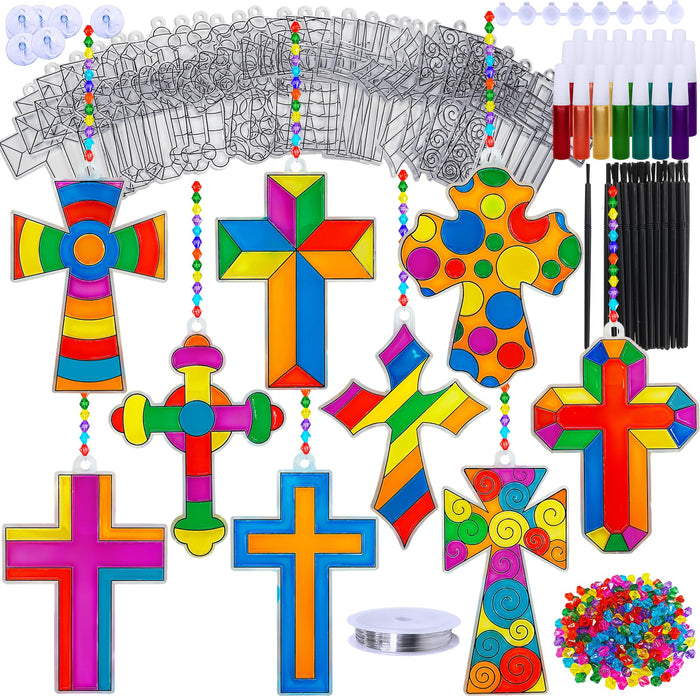 Winlyn 27 Sets Cross Suncatchers Ornaments Decorations DIY Window Paint Art Suncatchers Cross Craft Kits Cross Sun Catchers for Kids Sunday School VBS Christmas Easter Holiday Activities Party Favors