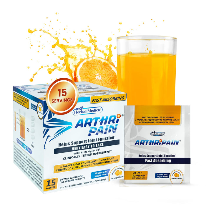 Arthripain - Sugar-Free CLINICALLY Tested Joint Juice for Joint Relief Support – Glucosamine Chondroitin MSM – One a Day Helps Repair Cartilage Vitamin – Swollen Knee Treatment - Made in USA - 15 Pkt