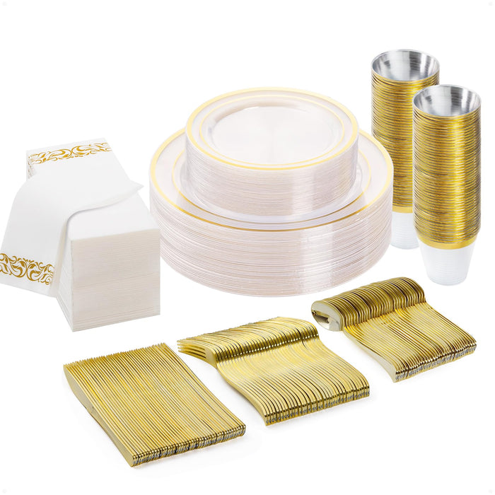 175PCS Clear Gold Disposable Dinnerware Set (25 Guests), Plastic Plates for Party, Wedding, Include: 50Plastic Plates, 25 Gold Silverware, 25 Cups, 25 Napkins