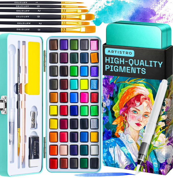 ARTISTRO 50 Colors Watercolor Paint Set with Palette & Brush Pens