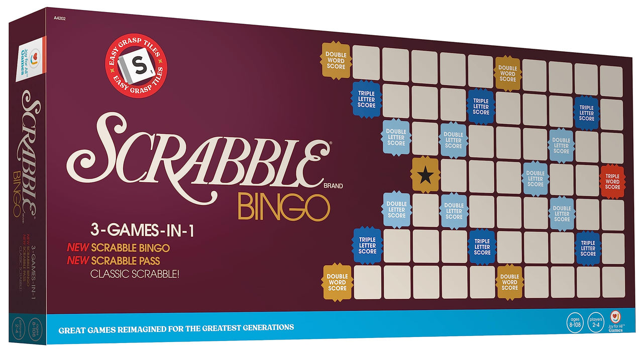 Joy for All Scrabble Bingo - Senior Word Games - Classic Scrabble, Scrabble Bingo, & Scrabble Pass - Easy to Read Text for Low Vision - Easy to Grip Tiles & Racks - Board Games for Elderly Adults