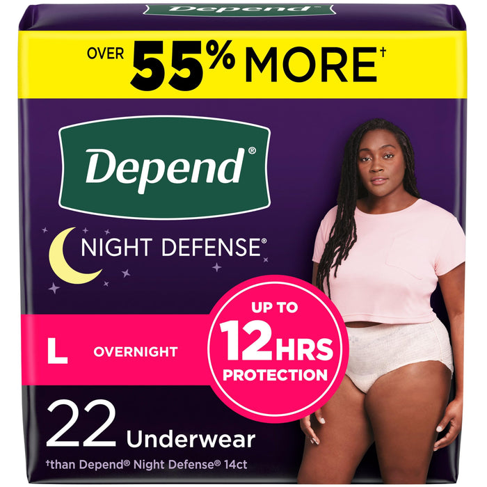 Depend Night Defense Adult Incontinence & Postpartum Bladder Leak Underwear for Women, Disposable, Overnight, Large, Blush, 22 Count, Packaging May Vary