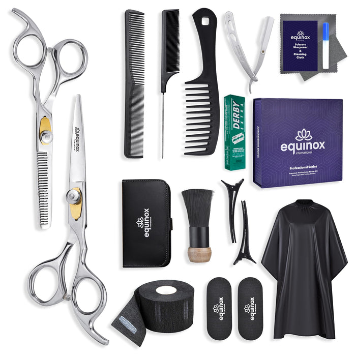 Equinox Professional Hair Cutting Scissors Set - Hair Cutting Kit - 17 Pieces Set - Thinning Shears & Straight Razors with Derby Blades - Professional Barber Scissors