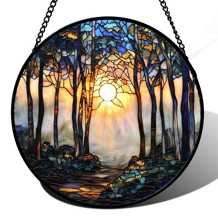 DASTOLL Stained Glass Window Hanging, Forest Sunrise Smoke Blue Brown Tree Suncatcher for Doors Window Home Landscape Sun Catchers Decor Mother's Day Birthday Gifts for Women, Men Mom 9.8 in