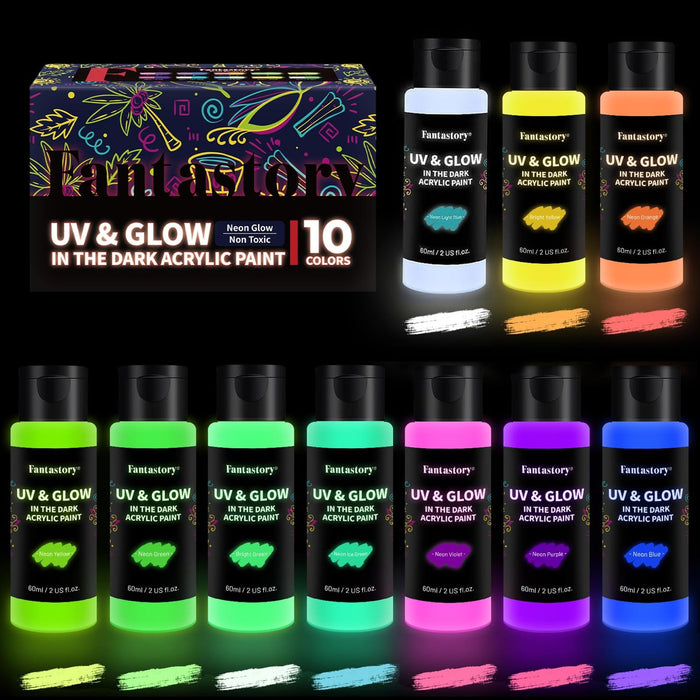 Fantastory Glow in The Dark Paint, 60ml/2oz Neon Glow Acrylic Paints, 2IN1 Paint,Charge-Glow& UV Activated For Outdoor Rocks, DIY Craft,Canvas,Holiday Decor,Christmas,Kids,Adults