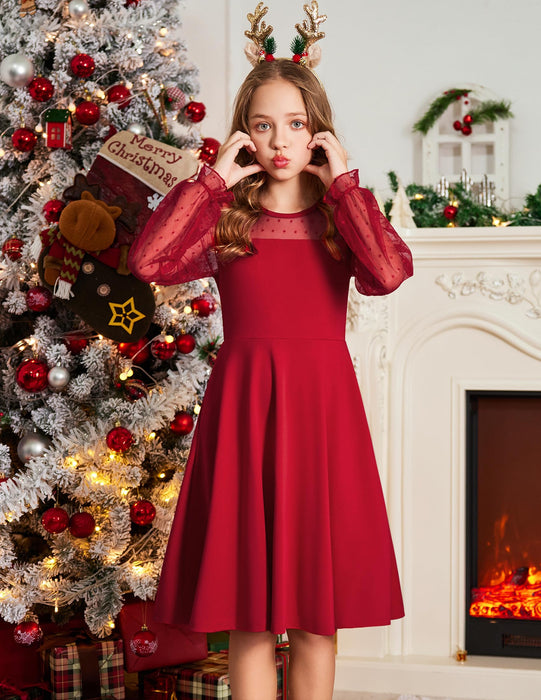 Arshiner Girl's Sheer Mesh Lantern Long Sleeve Red Christmas High Waist Elegant Party Short Dress 6-7 Years