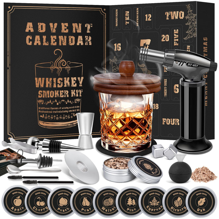 Whiskey Advent Calendar 2026 for Men, 24 Day Bourbon Smoker Infuser Kit for Cocktail and Whisky Lovers, Perfect Christmas for Husband, Dad, Boyfriend, Him(NO Butane, Glass)