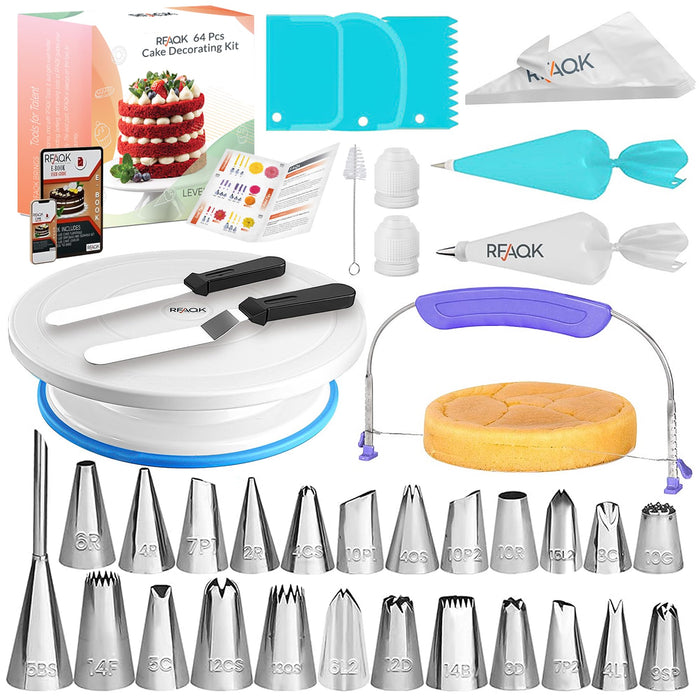 RFAQK 64 PCs Cake Decorating Kit for Beginners Includes Video Course, Booklet + Baking Supplies Gift - Cake Stand, Leveler, 24 Numbered Piping Tips, Straight & Offset Spatula, & Scraper sets