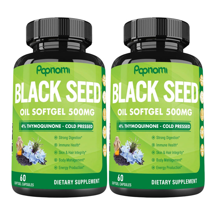 Premium Black Seed Oil Softgel Capsules - 2 Packs 60 Counts 500mg - 4 Month Supply for Immunity, Circulation, Digestive, Skin, Hair & Body Management