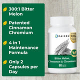 DAIKEN Bitter Melon, Cinnamon & Chromium, 90,000 mg Bitter Melon Equivalent Per Serving Extra Strength, 100% Vegetarian Bitter Melon Capsules with Cinnamon Chromium & Zinc, 60 Capsules