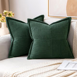 MIULEE Dark Green Corduroy Pillow Covers with Splicing Set of 2 Super Soft Boho Striped Christmas Pillow Covers Broadside Decorative Textured Throw Pillows for Couch Cushion Livingroom 20x20 inch