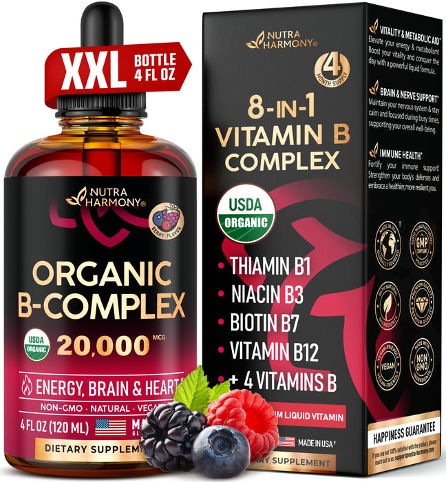 USDA Organic Vitamin B-Complex B5 Pantothenic Acid | B12 Methylcobalamin | B1 Thiamine | B6 Pyridoxine | B7 Biotin | B9 Folic | B3 Niacinamide - B Complex Liquid Drops, Made in USA Supplement, 4fl oz