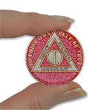 1 Year Sobriety Coin | Glitter Triplate AA Chip Recovery Anniversary Token (Pink)