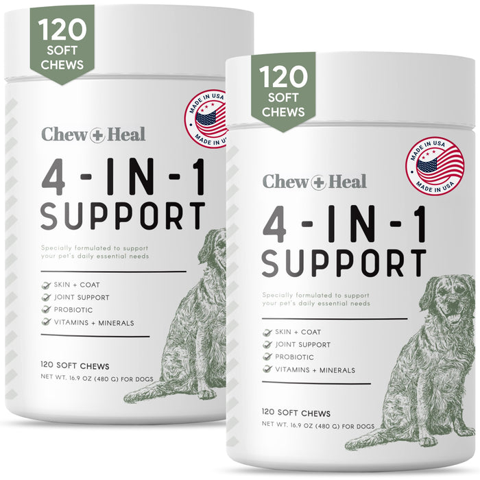 Chew + Heal All in 1 Dog Vitamin, 2PK - 240 Soft Chew Treats - Chewable Multivitamin with Probiotics, Digestive Enzymes, for Skin and Coat, Hip and Joint Support - Made in The USA