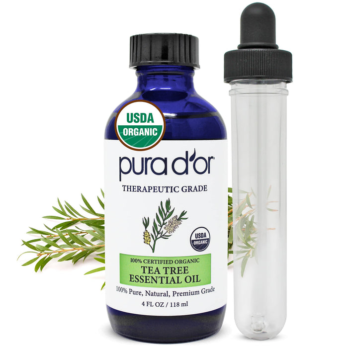 PURA D'OR Organic Tea Tree Melaleuca Essential Oil (4oz with Glass Dropper) 100% Pure & Natural Therapeutic Grade for Hair, Body, Skin, Scalp, Aromatherapy Diffuser, Cleansing, Purify, Home, DIY Soap