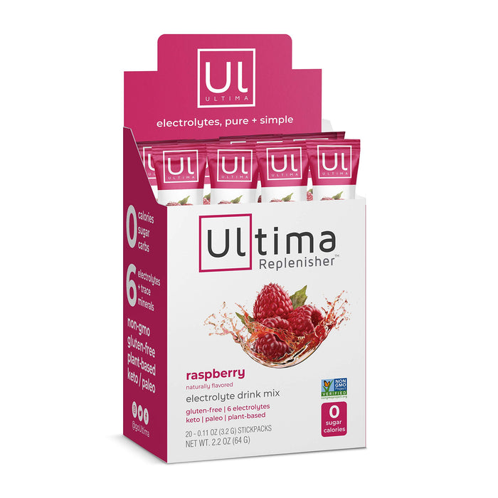 Ultima Replenisher, Electrolyte Hydration Drink Mix, Raspberry, 20 Count Stickpacks Box - Sugar Free, 0 Calories, 0 Carbs - Gluten-Free, Keto, Non-GMO, Vegan