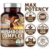 N1N Premium Mushroom Complex [10X Powerful Mushrooms] with Reishi, Lions Mane, Cordyceps, Chaga, Turkey Tail and Maitake to Support Health, Brain Functions and Energy Levels, 60 Veg Caps