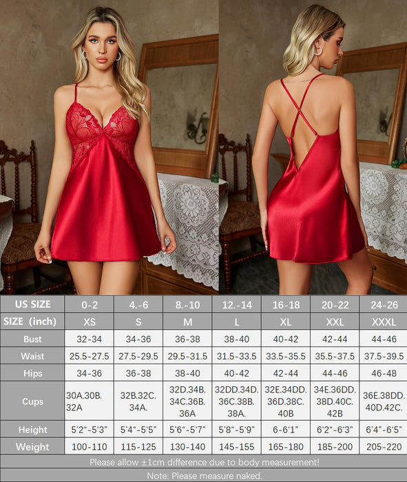 Avidlove Christmas Lingerie Satin Nightgown Sexy Lingerie Lace Lingerie Set Sexy Babydoll V Neck Sleepwear Strap Chemise A Red