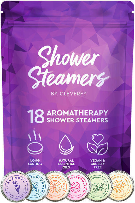 Cleverfy Shower Steamers Aromatherapy - 18 Pack of Shower Bombs with Essential Oils. Self Care Stocking Stuffers for Women and Teens and Christmas Gifts for Women. Purple Set