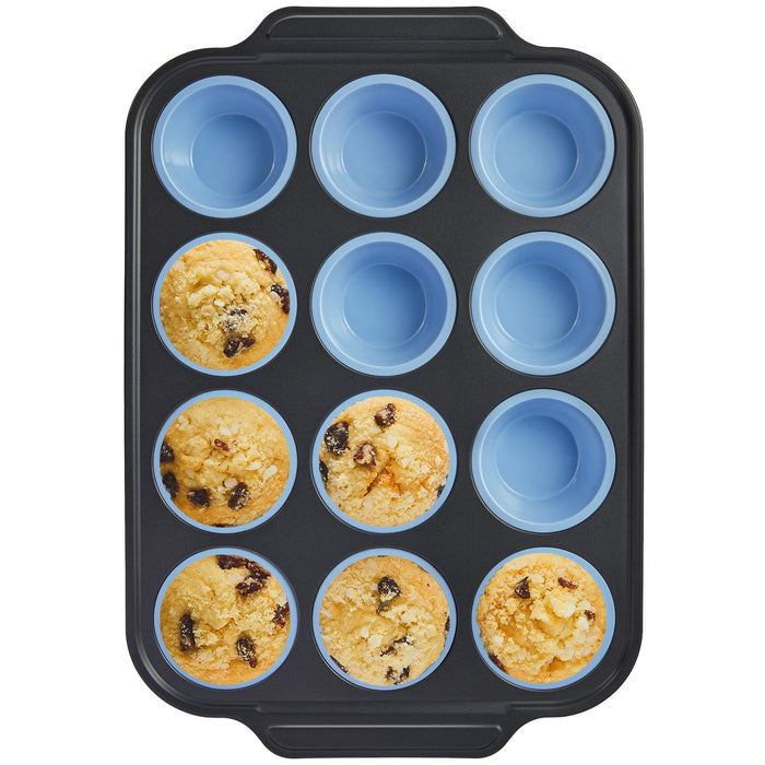 Silicone Muffin Pans for Baking with Metal Frame, Egg Bite Molds, Cupcake Pans 12 Regular Size, Muffin Tins Easy to Pop Nonstick Non Toxic Bakeware for Oven,Blue