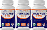 Vitamatic 3 Pack Folic Acid 5mg (5000 mcg) - 120 Vegetarian Tablets - (Vitamin B9 Folate) (Total 360 Tablets)