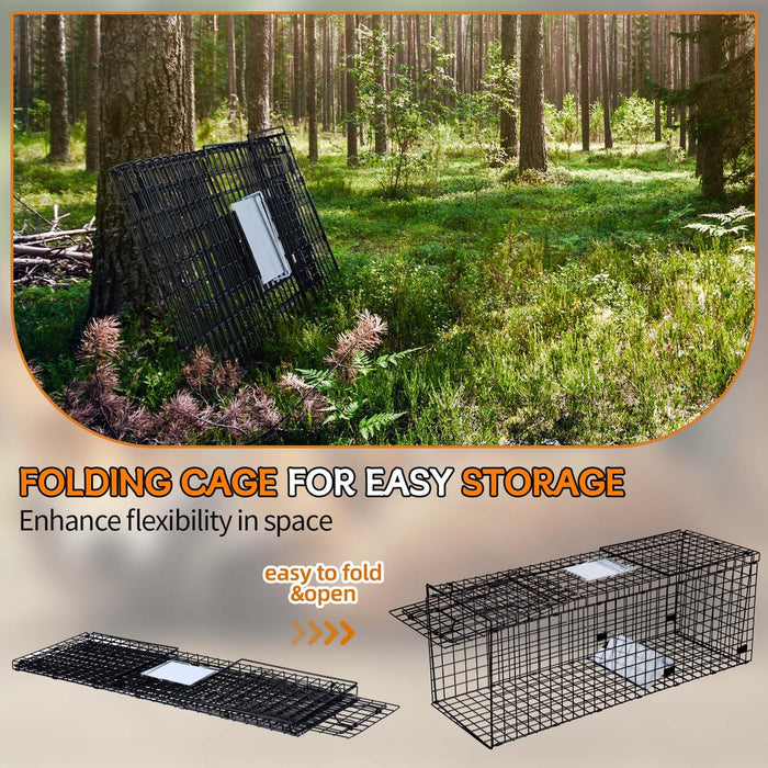 Qualirey Heavy Duty Large Live Animal Cage Trap with Bite Proof Gloves 50'' x 20'' x 26'' Black Folding Live Humane Animal Trap for Coyote, Dogs, Opossums, Groundhogs, Squirrel, Raccoons, Cats, Foxes