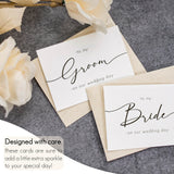 Shoppau Set of 2 Bride and Groom Wedding Day Cards - Linen Textured Cardstock - Elegant Script - 4.875" x 3.75" Folded - Embossed Border - Set of 2 Cardstock Beige Envelopes (Black Foil)