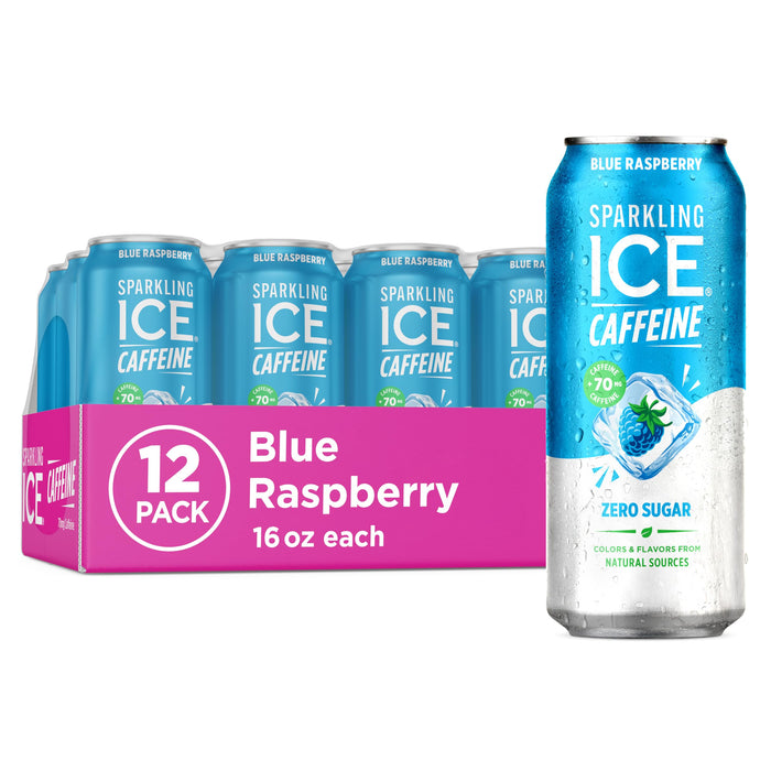 Sparkling Ice Caffeine Blue Raspberry Sparkling Water with Caffeine, Zero Sugar, with Antioxidants and Vitamins,16 fl oz Cans (Pack Of 12)