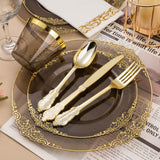 Bestluck 350PCS Clear Black Plastic Plates for 50 Guests, Disposable Plates with Gold Trim include 50 Dinner plates, 50 Dessert Plates, 150 Gold Silverware, 50 Cups, 50 Napkins for Wedding & Party