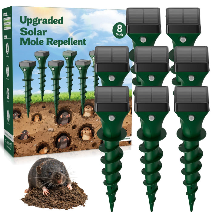 Mole Repellent Solar Powered, 8 Pack Snake & Skunk Repellent for Yard, Ultrasonic Mole Stakes for Lawns, IP65 Waterproof Gopher Repellent to Get Rid of Gopher, Vole, Chipmunk and Groundhog for Farm