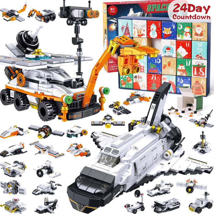 Kids Advent Calendar 2024 for Boys, 24 Days Christmas STEM Spaceship Building Blocks Countdown Calendar Gifts Box with 12-in-1 Mars Rover Space Shuttle Bricks Toys Set for Kids Teens Girls Boys Age 6+