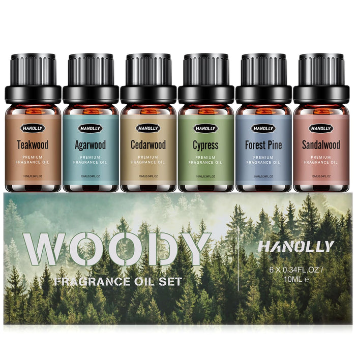 Woody Essential Oils Set, Men Scents Fragrance Oil Aromatherapy Essential Oils Kit for Diffuser (6x10ML) - Sandalwood, Cedarwood, Teakwood, Agarwood, Cypress, Forest Pine Aromatherapy Oils