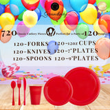 720 Piece Red Disposable Dinnerware Set (120 Guests) Plastic Dinnerware Set Disposable - 120 Count, 9" Dinner Plates, 7" Dessert Plates, 12oz Cups, Forks, Knives & Spoons- Plastic Party Plates Set