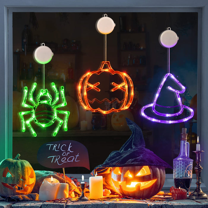 LOLStar Halloween Decorations 3 Pack Orange Pumpkin Green Spider Purple Witch Hat Halloween Window Lights with Suction Cup Battery Operated Halloween Lights, Upgrade Slow Fade Mode Timer Function