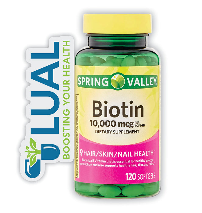 Biotin Hair/Skin/Nail Health. Includes Luall Fridge Magnetic + Spring Valley Biotin (10,000 mg - 120 SoftGels)