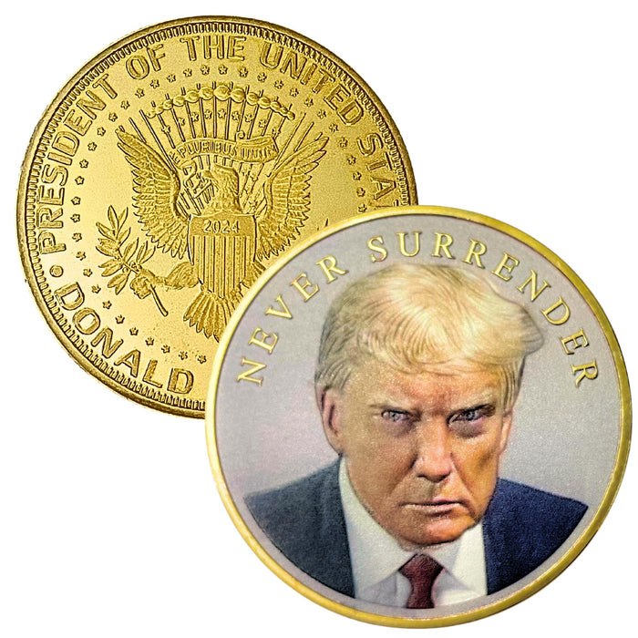 Aizics Mint Donald Trump Never Surrender Coin 2024 with Certificate of Authenticity, Keep America Great Again President Coin, Trump Coin Collectors, Trump Mugshot, 38mm x 2mm