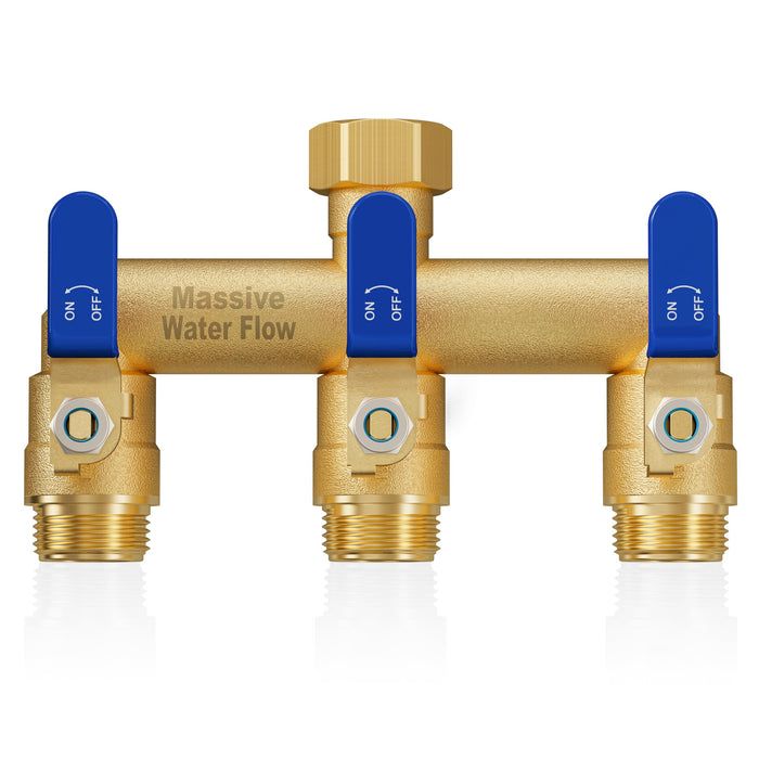 LNEZCDB 3 Way Hose Splitter, Heavy Duty Full Flow Garden Water Hose Bib Spigot Splitter, Brass Rust and Freeze Resistant Outdoor Faucet Splitter, T Adapter Connector with 3/4 - Inch GHT Thread （Blue）