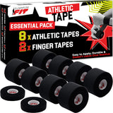 Summum Fit Black Athletic Tape Extremely Strong: 8 Rolls + 2 Finger Tape. Easy to Apply & No Sticky Residue. Sports Tape for Boxing, Football or Climbing. Enhance Wrist, Ankle & Hand Protection Now