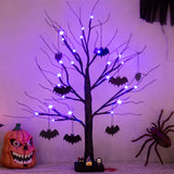 PEIDUO Halloween Decorations, 2FT Black Halloween Tree with 24 Purple Lights and 8 Bat Ornaments, Light up Halloween Decorations with Timer for Indoor Home Desk Table Decor Battery Powered