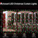 echosari Red White and Green Christmas Curtain Lights Battery Operated, 300 LED Fairy Curtain Lights 9.8Ft x 9.8Ft Hanging Lights with Remote Timer for Party Holiday Garden Yard Decor