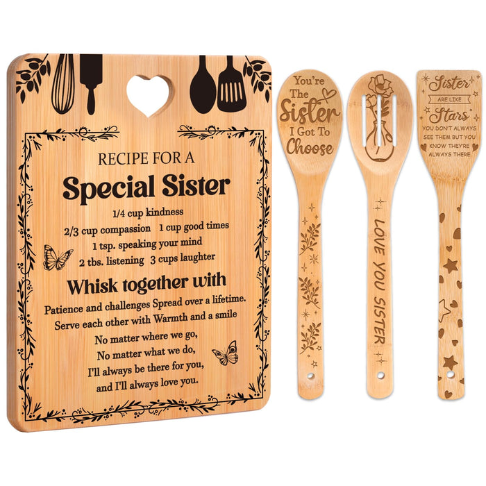 Sister Birthday Gifts from Sister - "Recipe for a Special Sister" Sister Birthday Gifts Cutting Board Set, Bamboo-Made Engraved Utensil Set Christmas/Birthday Day Gifts for Sister Adult