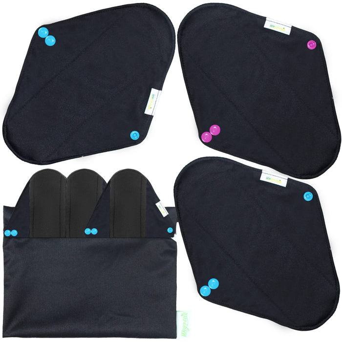 wegreeco Reusable Menstrual Pads - Reusable Sanitary Pads | Reusable Panty Liners | Soft Cloth Menstrual Pads - 6 Pack with 1 Cloth Mini Wet Bag (Large, Black)