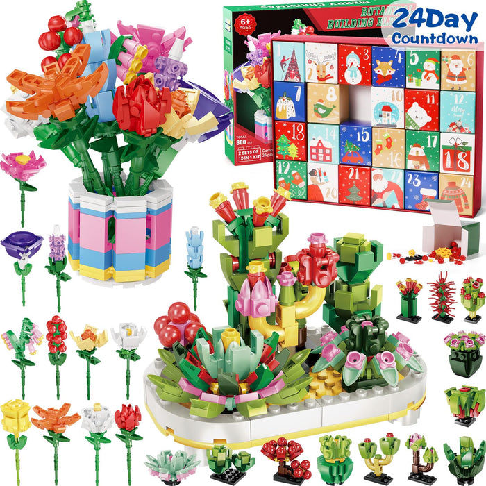 Advent Calendar 2024 for Kids Adults Teens, 24 Days STEM Botanical Building Blocks Christmas Countdown Calendar Gifts Box with 12-in-1 Succulent Flowers Bricks Toy Sets for Boys Girls Women Men Age 6+