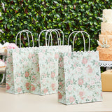 Sparkle and Bash 24-Pack Floral Gift Bags, 8x4x10-Inch Medium Size Gift Bags with Handles, Paper Bags with Colorful Rose Flower Print (Green)