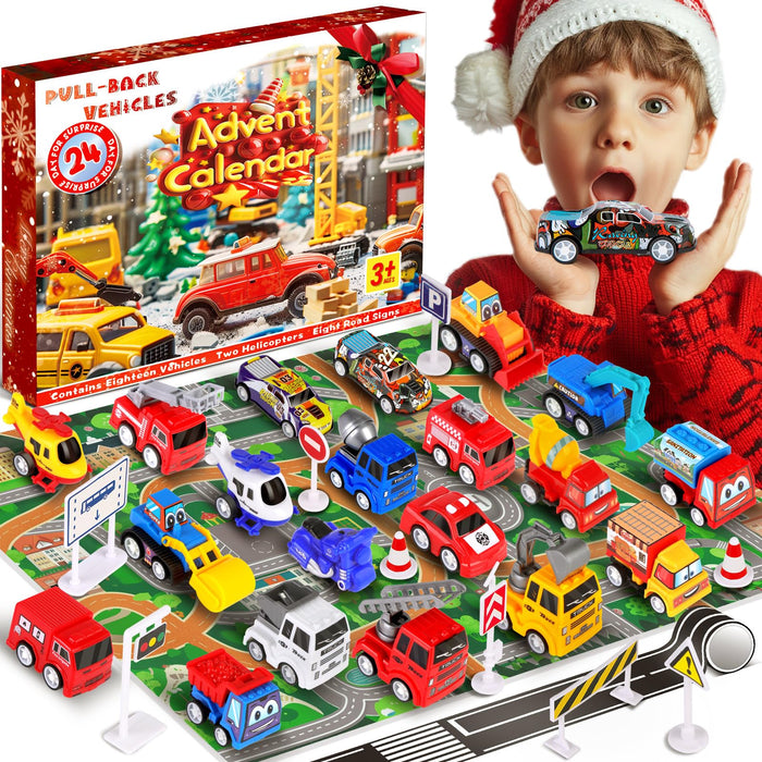 EPUMP Advent Calendar 2024 Kids: 24 Days Christmas Countdown Pull-Back Car Toys - City Construction Vehicle Traffic Sign Set with Playmat - Xmas Holiday Party Favor Gift for Boys Girls Children