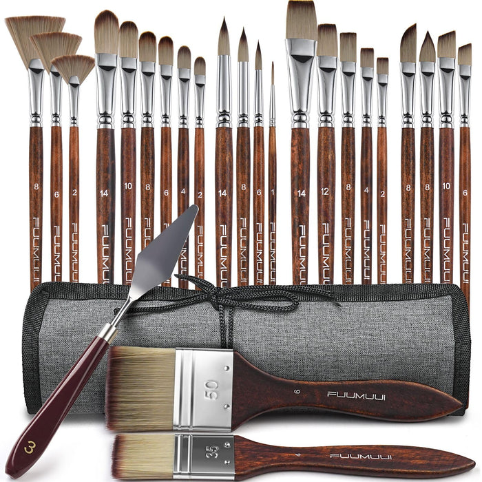 Fuumuui 25pcs Paint Brush Set, Professional 9 Shapes with Wide Flat, Filbert, Fan, Dagger, Cat Tongue, Round, Angle, Rigger for Acrylic Oil Watercolor | Includes Palette Knife & Waterproof Canvas Roll