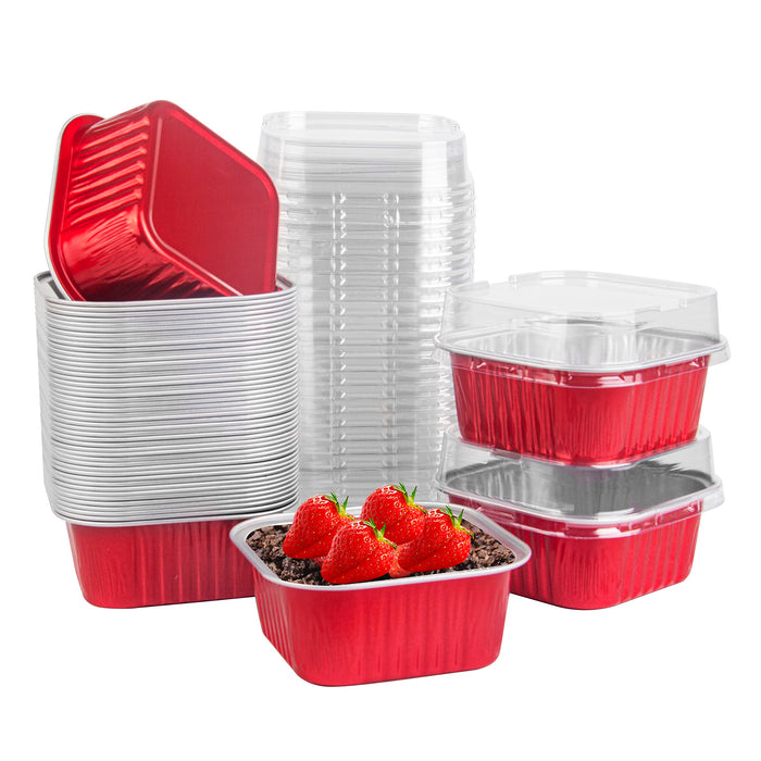 50 Pcs Mini Square Baking Cups with Lids,10oz Aluminum Foil Mini Cake Pans with Lids,Disposable Ramekins Cake Pans,300ml Dessert Cups Cupcake Pans for Wedding Birthday Party,Red