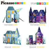 PicassoTiles 57pc Haunted House Theme Magnet Tile Building Blocks 8 Action Figures Magnetic Construction Toy Double Sided Printing Education STEM Learning Playset Halloween Adventure Kid Ages 3+ PTQ03